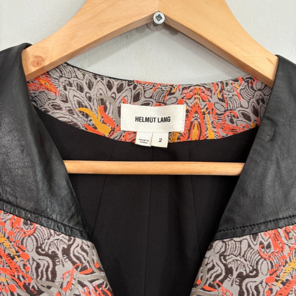 Helmut Lang Lamb Leather Jacket Women Size 2 Black Neon Jacquard - Picture 3 of 11